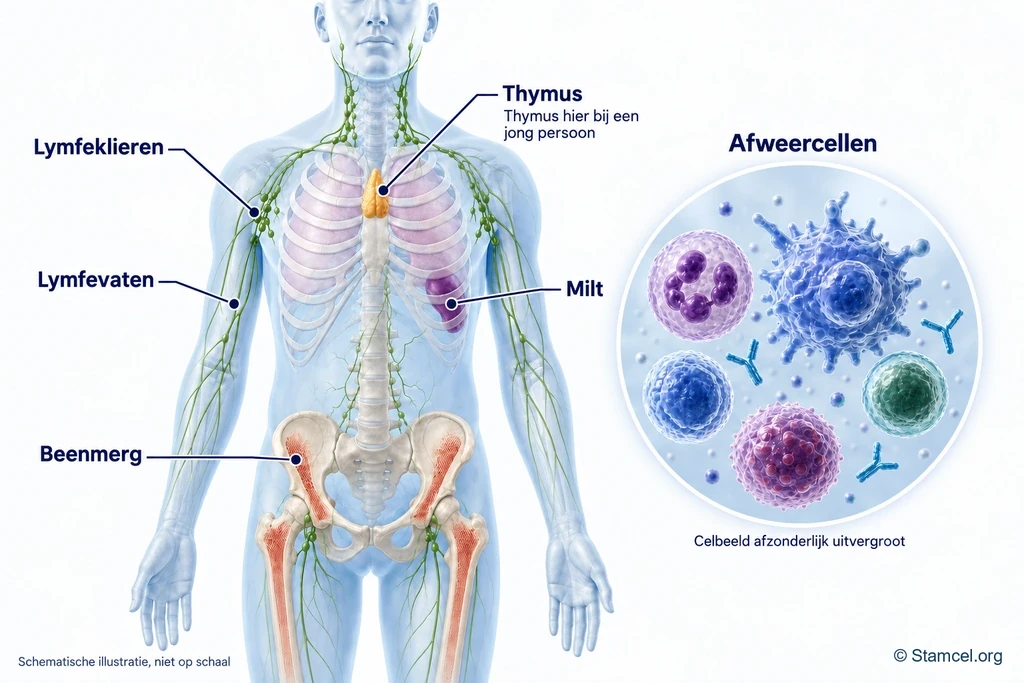 Beenmerg, thymus, milt, lymfeklieren en lymfevaten in het lichaam, met een aparte inzet van afweercellen.