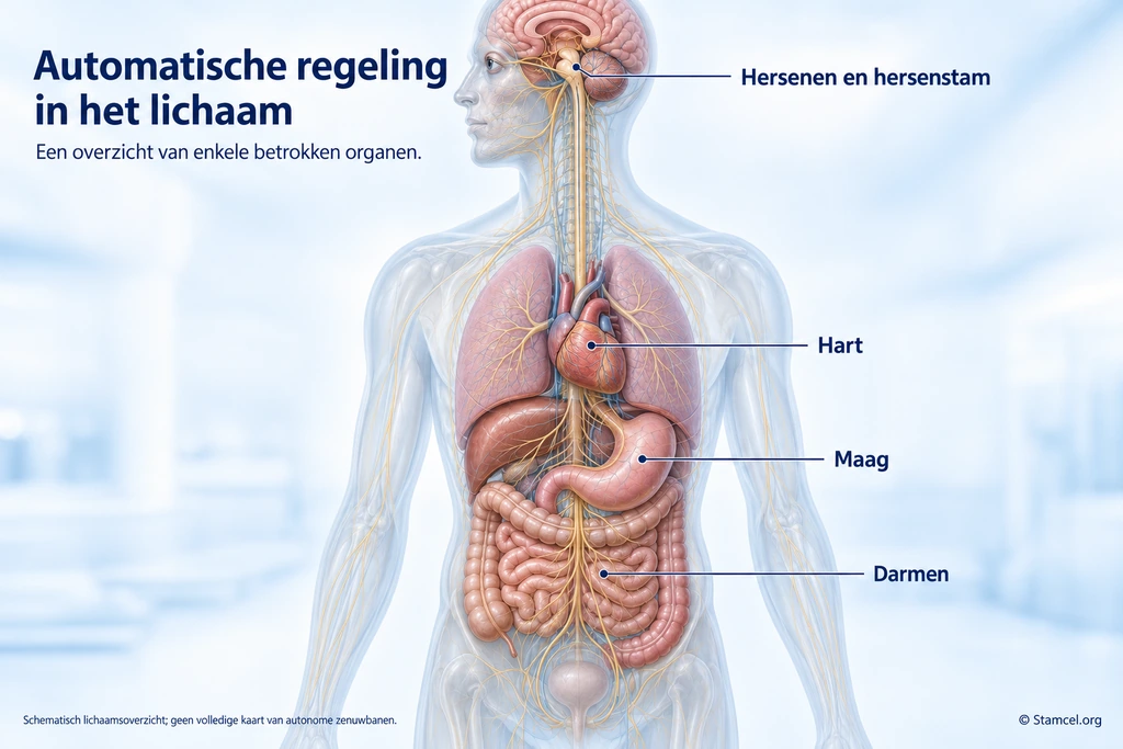 Doorschijnend bovenlichaam met benoemde hersenen en hersenstam, hart, maag en darmen.