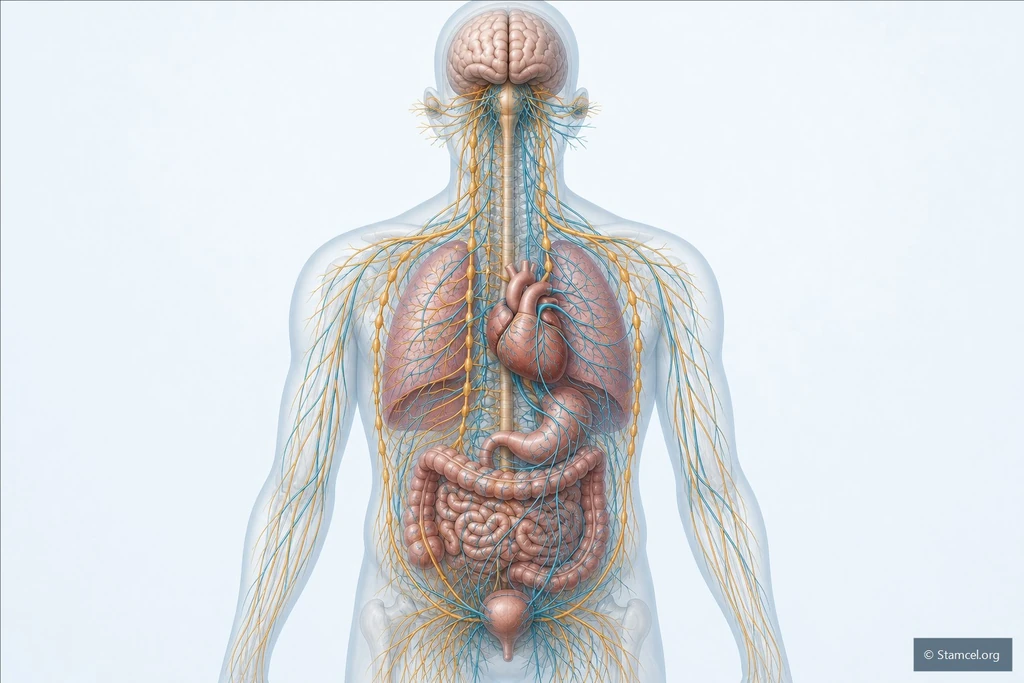Schematisch overzicht van sympathische en parasympathische zenuwroutes naar organen