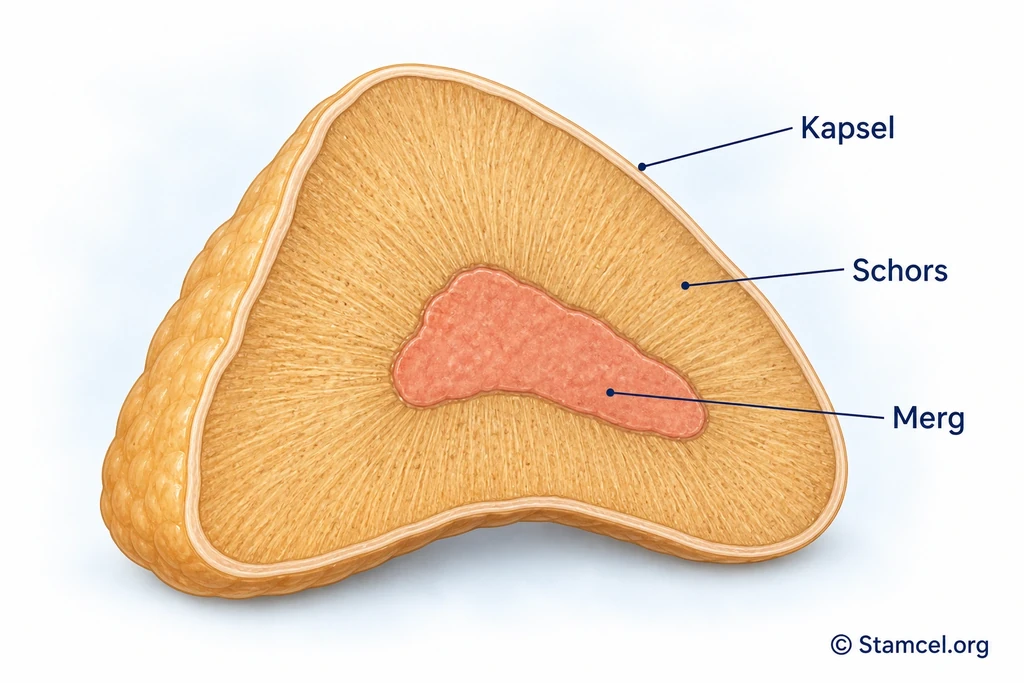 Schematische doorsnede van een bijnier met een dun kapsel, brede gele schors en kleiner roze merg