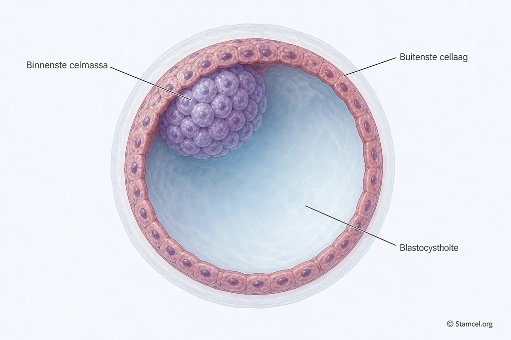 Schematische doorsnede van een blastocyst met buitenste cellaag, binnenste celmassa en holte