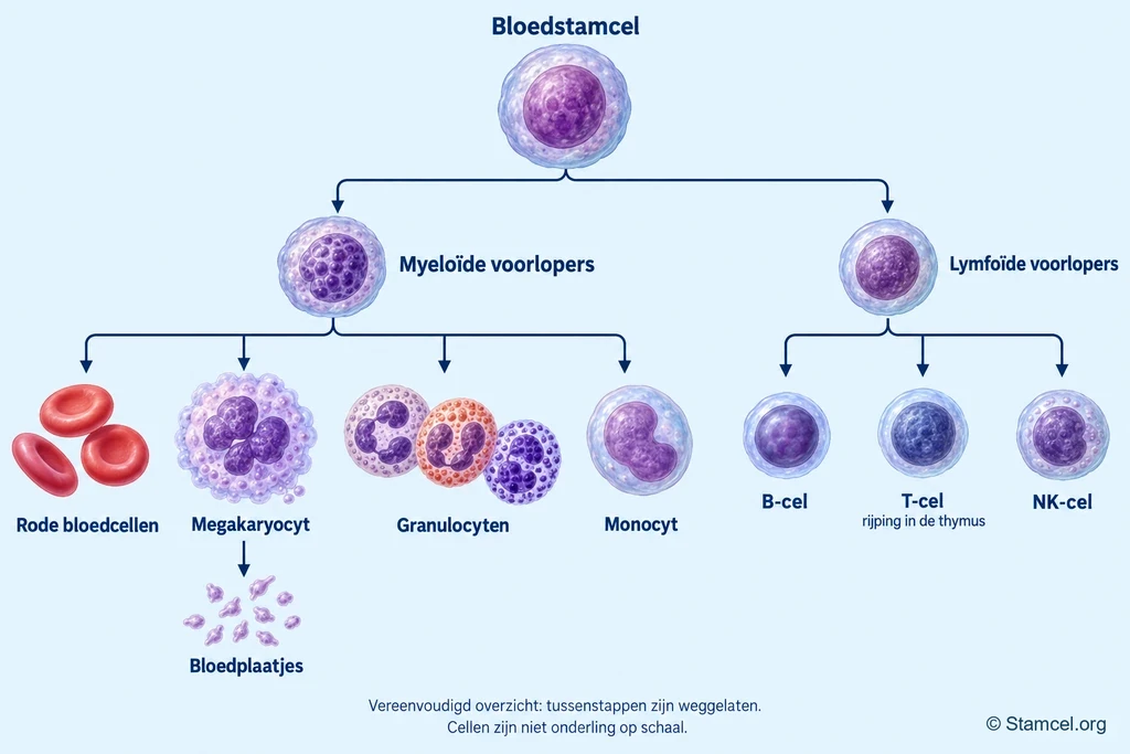 Bloedstamcel met myeloïde en lymfoïde voorlopers en benoemde bloedceltypen; een megakaryocyt vormt bloedplaatjes.