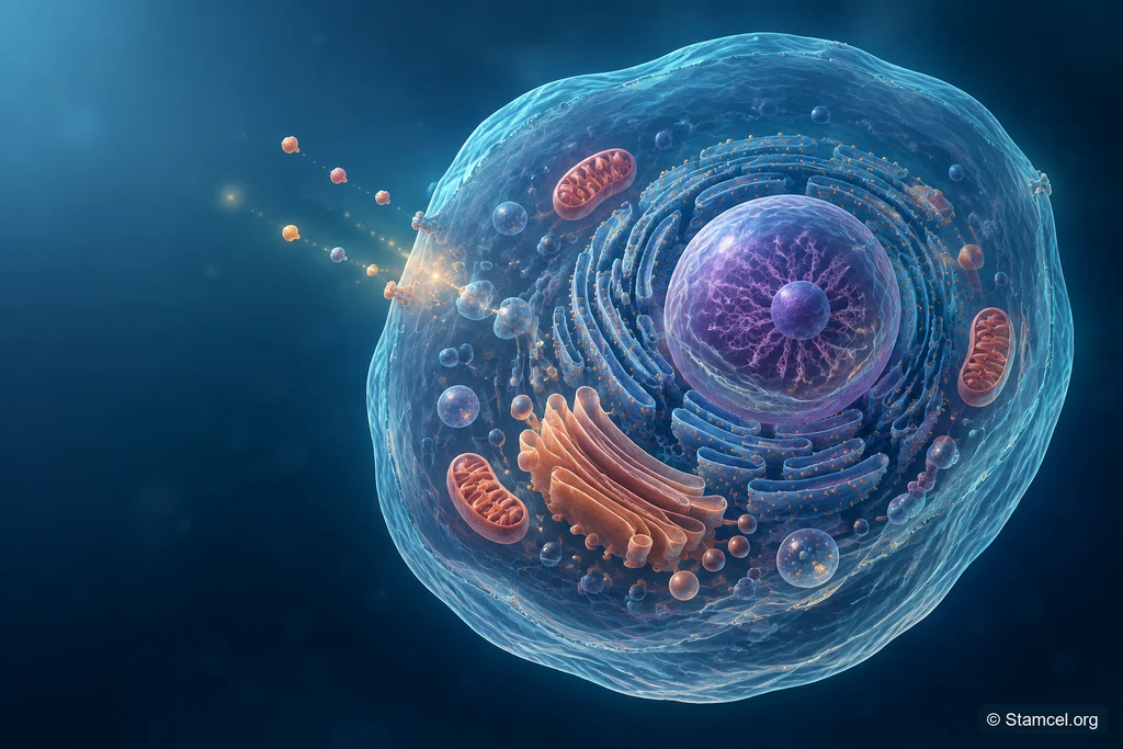 Conceptuele doorsnede van een menselijke cel met celkern, mitochondriën, endoplasmatisch reticulum en Golgi-apparaat