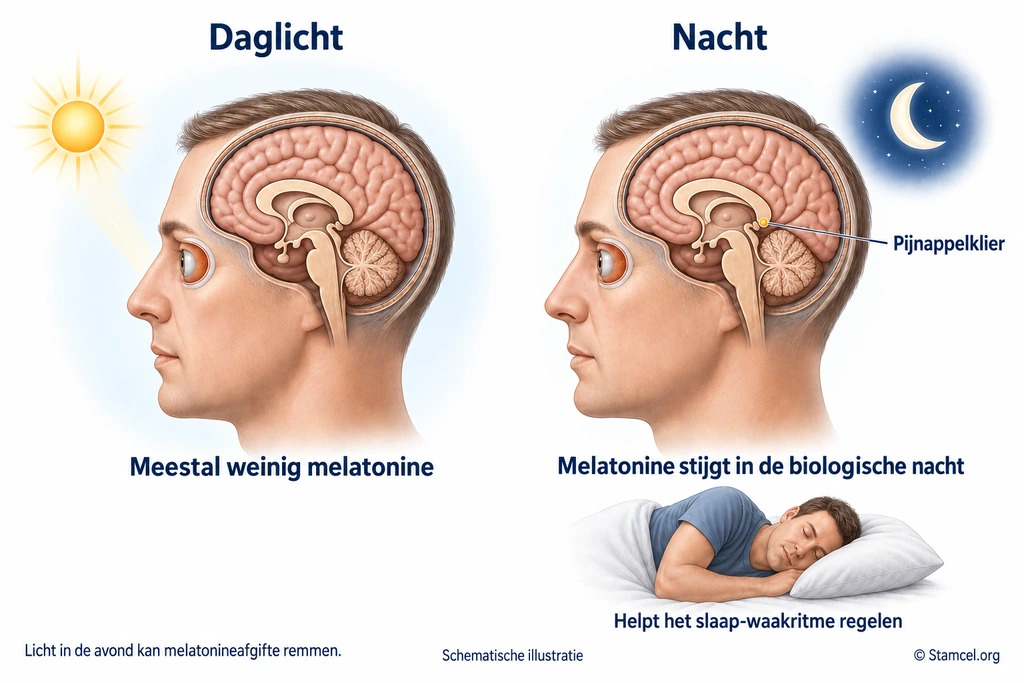 Dag en biologische nacht naast elkaar, met weinig melatonine overdag en stijgende melatonine in de biologische nacht.