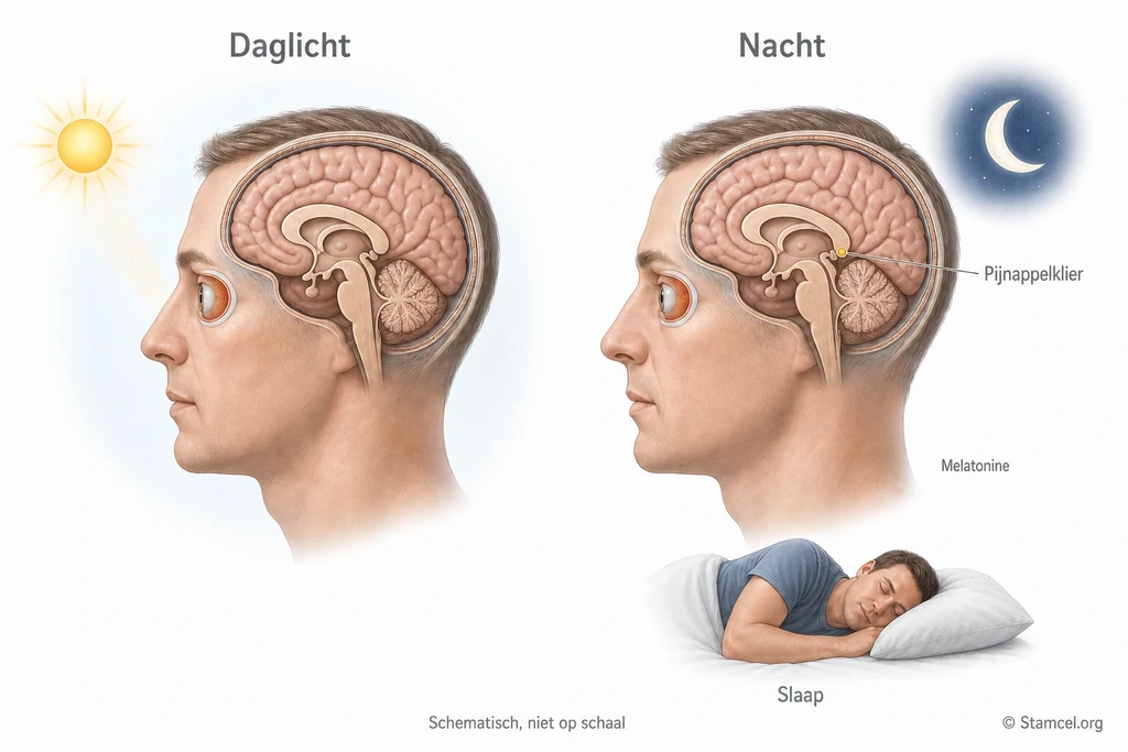 Daglicht, de pijnappelklier en slaap in een schematische dag-nachtillustratie