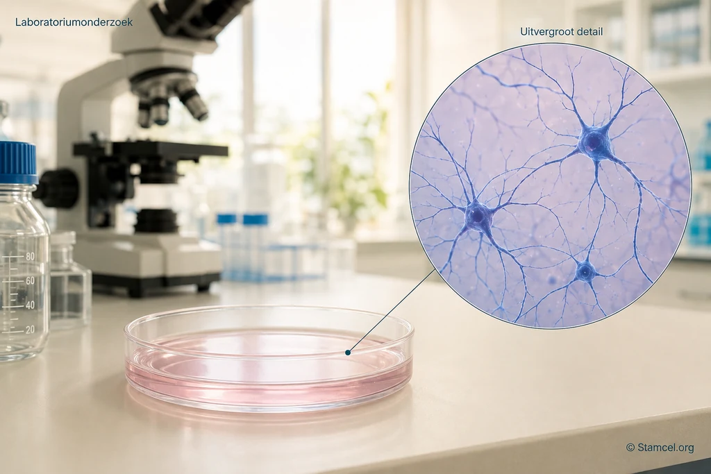 Kweekschaal bij een microscoop met een afzonderlijk uitvergroot detail van vertakte zenuwcellen.