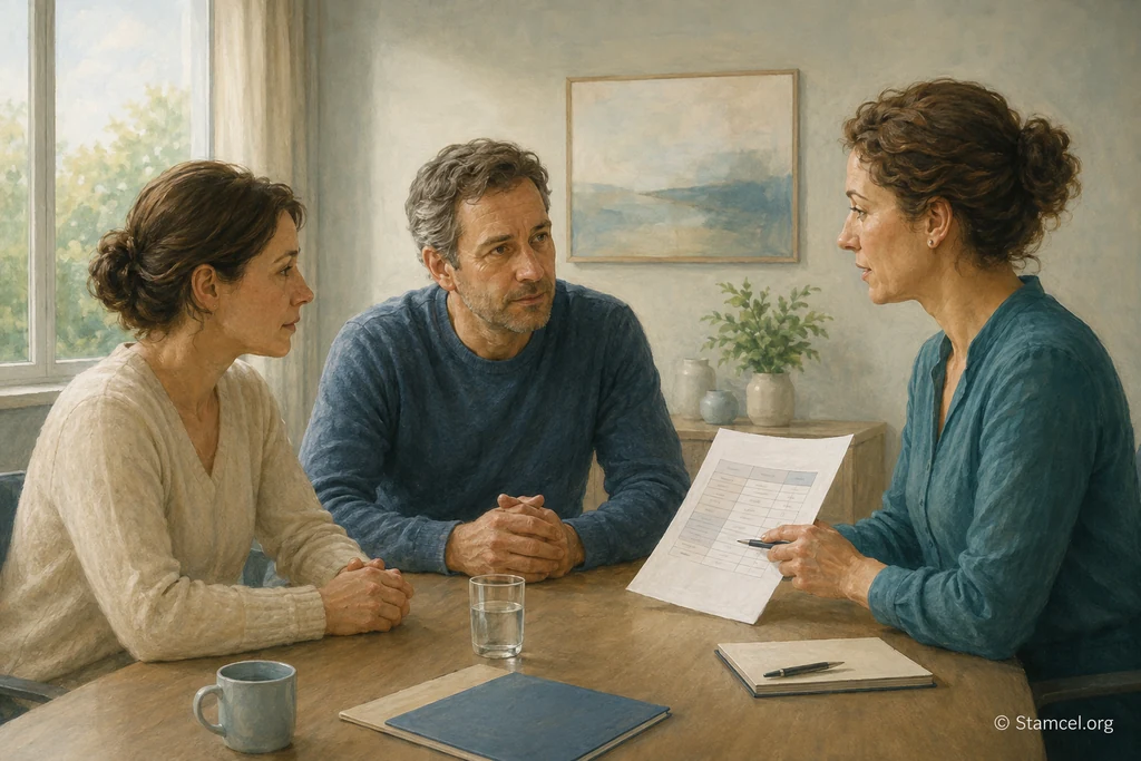 Een man en vrouw bespreken een document aan tafel met een zorgverlener.