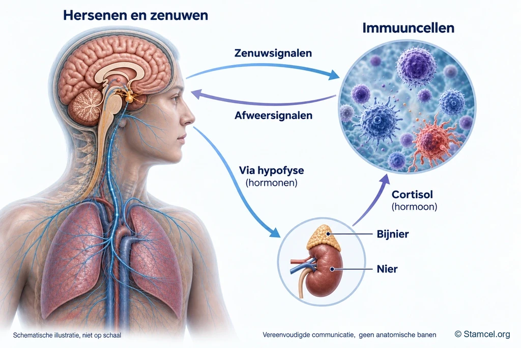 Hersenen en zenuwen, immuuncellen en bijnier met benoemde zenuw-, afweer- en hormoonsignalen.