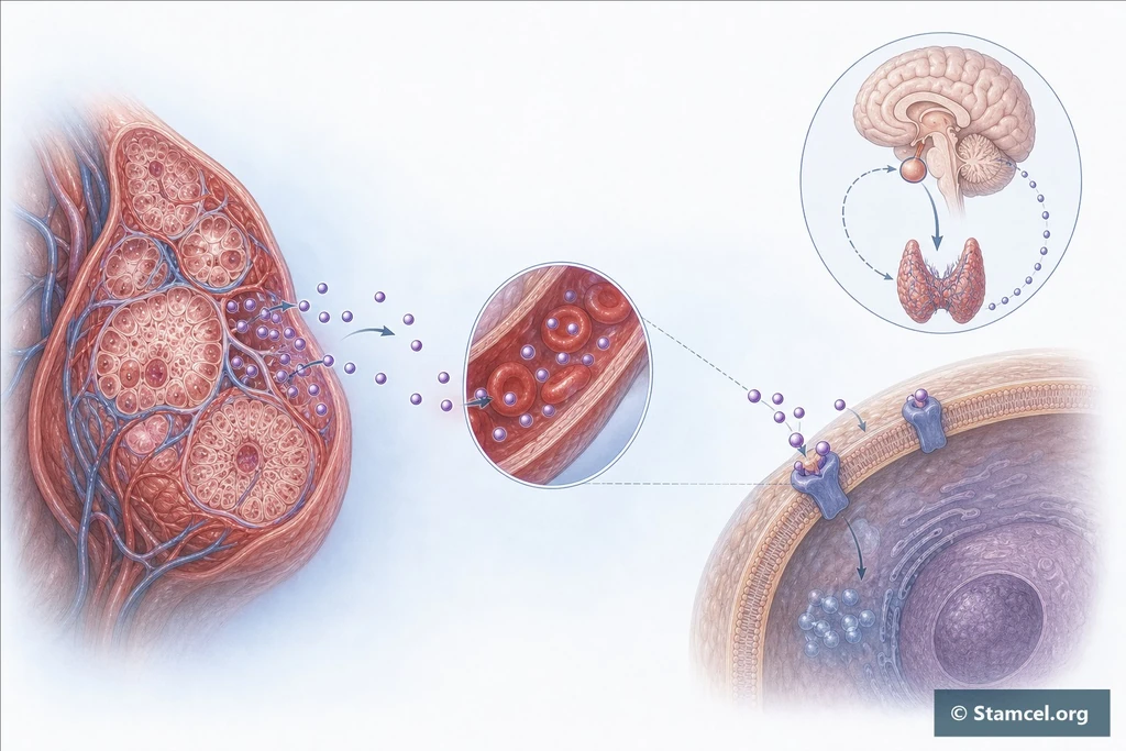 Schematische hormoonafgifte vanuit klierweefsel via het bloed naar een receptor op een doelcel