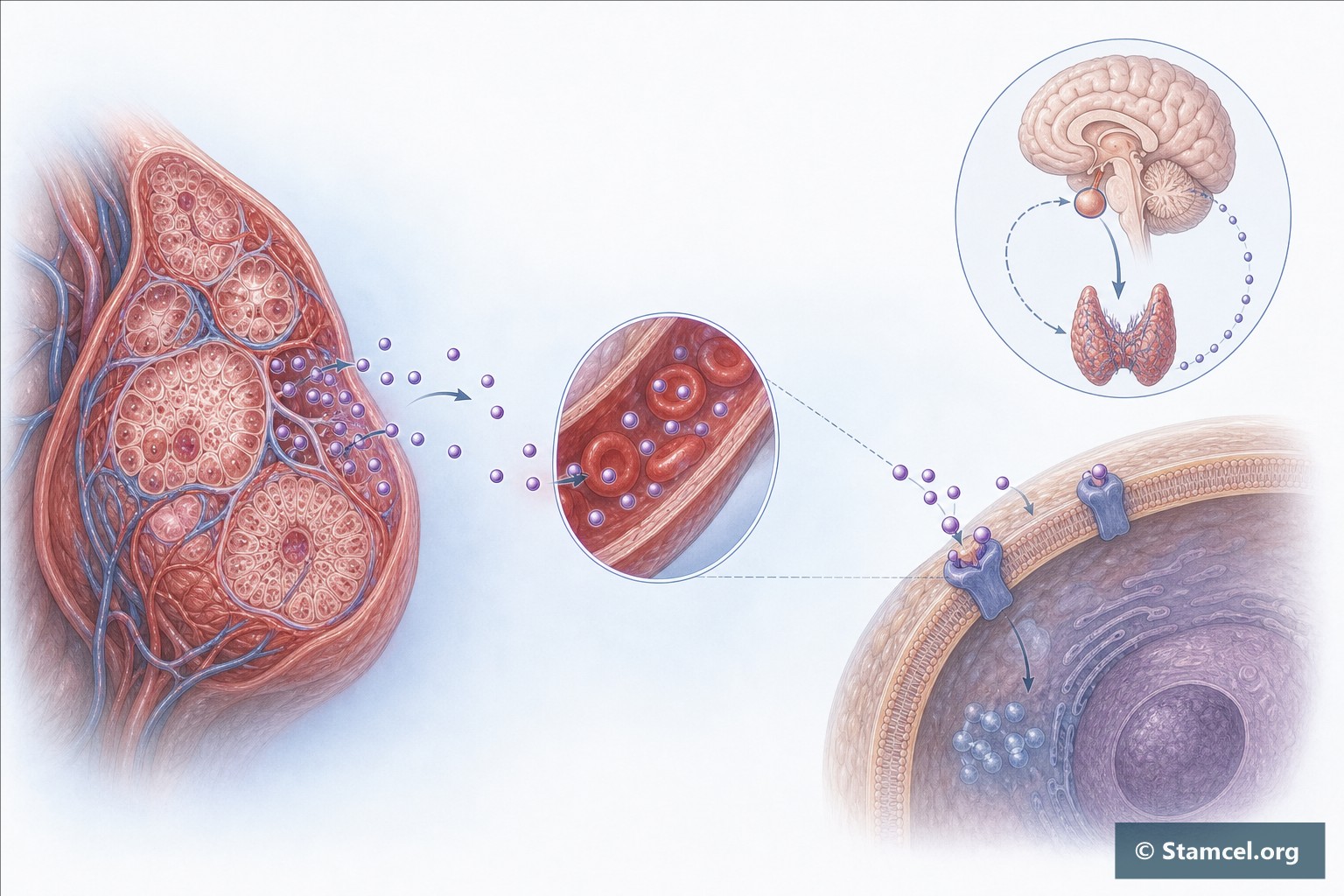 Schematische hormoonafgifte vanuit klierweefsel via het bloed naar een receptor op een doelcel