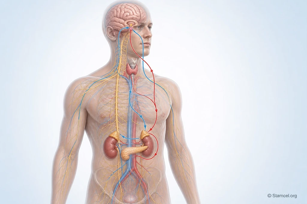 Illustratie van hersenen, autonome zenuwen en bijnieren met symbolische hormonale signaalroutes
