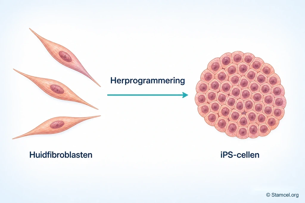 Schematische herprogrammering van langgerekte huidfibroblasten naar een kolonie ronde iPS-cellen
