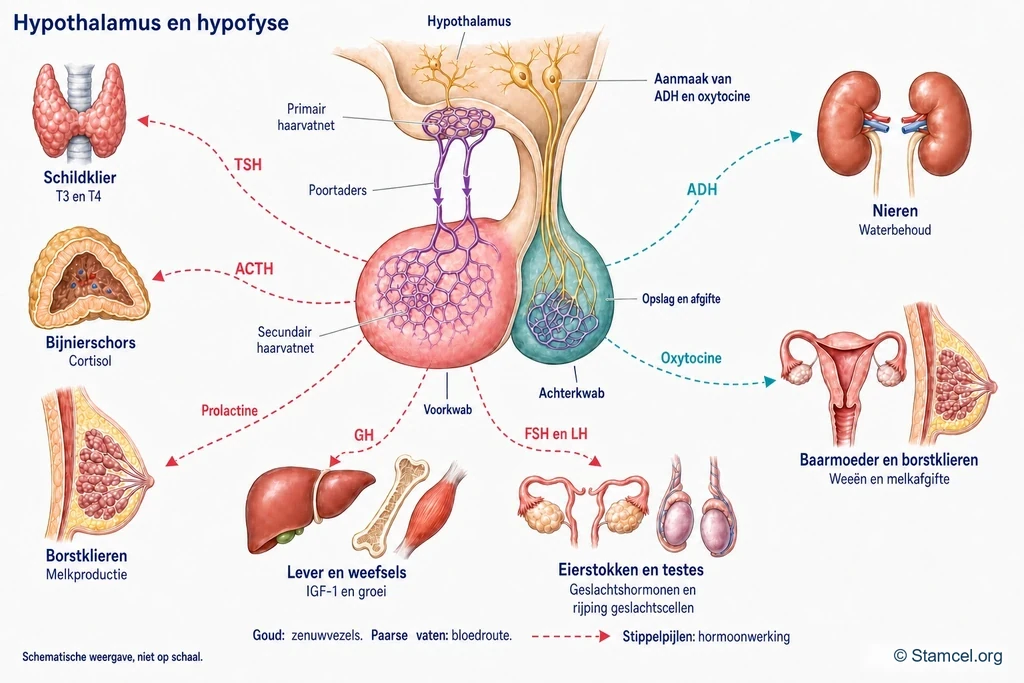 Hypothalamus en hypofyse met zenuwvezels, poortaders en zeven hormoonroutes naar getekende doelorganen