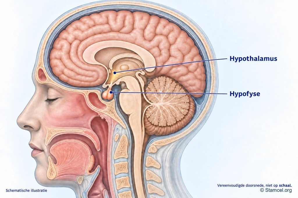 Hersendoorsnede met afzonderlijke aanwijslijnen naar hypothalamus en hypofyse.