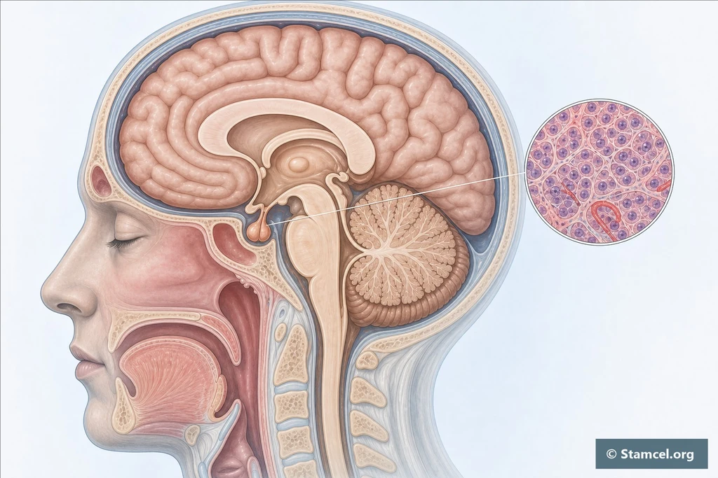 Hypothalamus en hypofyse aan de onderzijde van de hersenen, met uitvergroot klierweefsel