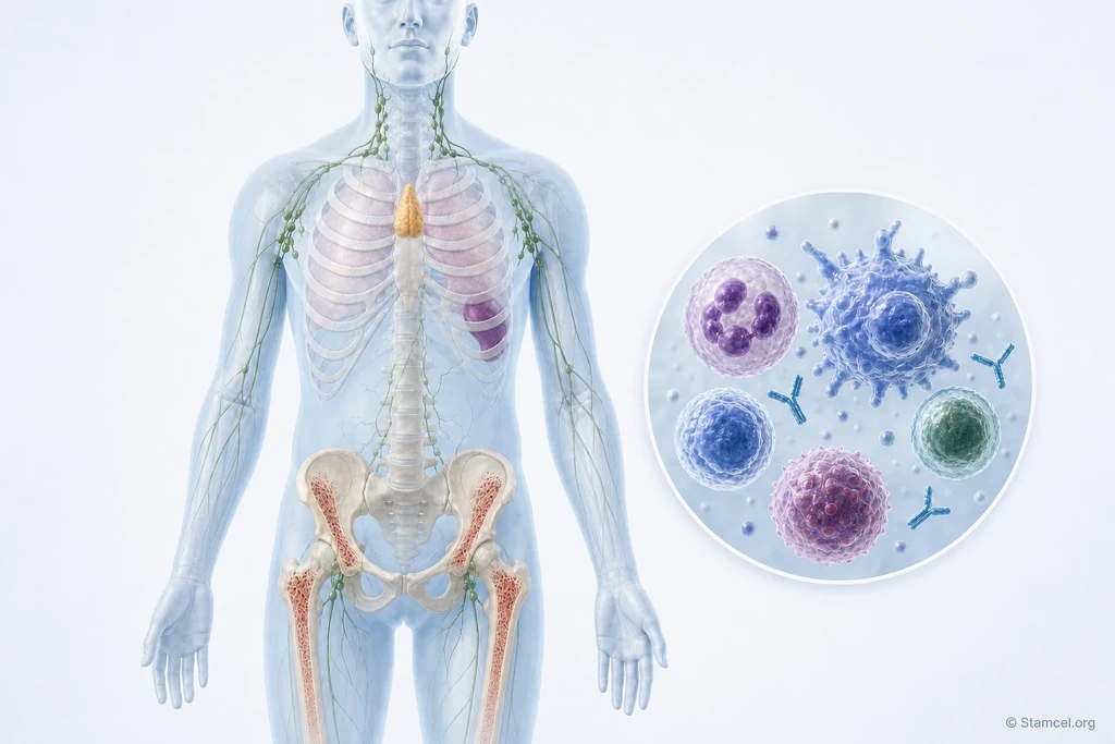 Beenmerg, thymus, milt en lymfeklieren met een afzonderlijk uitvergroot beeld van immuuncellen