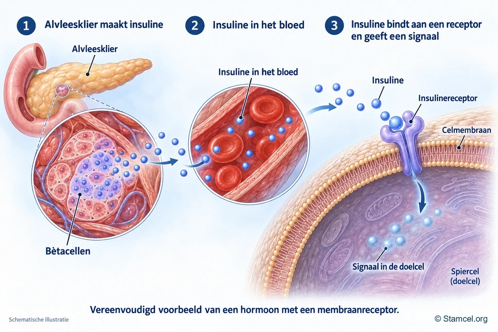Insuline uit bètacellen van de alvleesklier gaat via het bloed naar een insulinereceptor op een spiercel.