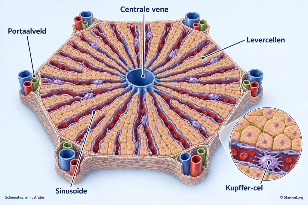Leverlobulus met centrale vene, portaalveld en levercellen, plus een detail van een sinusoïde met een Kupffer-cel.