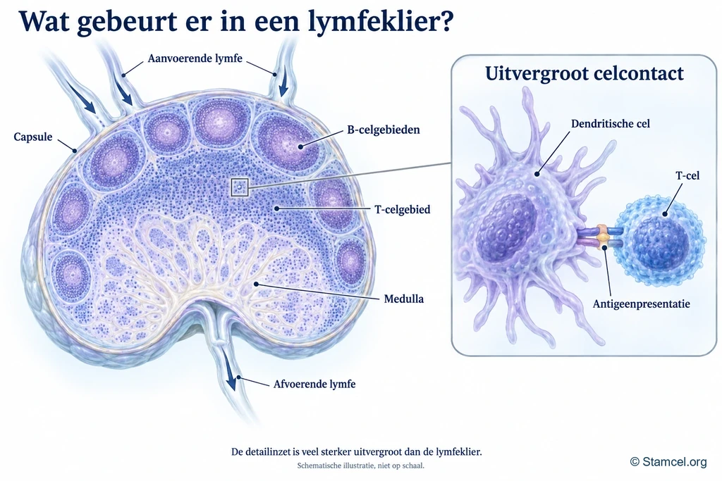 Doorsnede van een lymfeklier met B- en T-celgebieden en een aparte vergroting van een dendritische cel in contact met een T-cel.