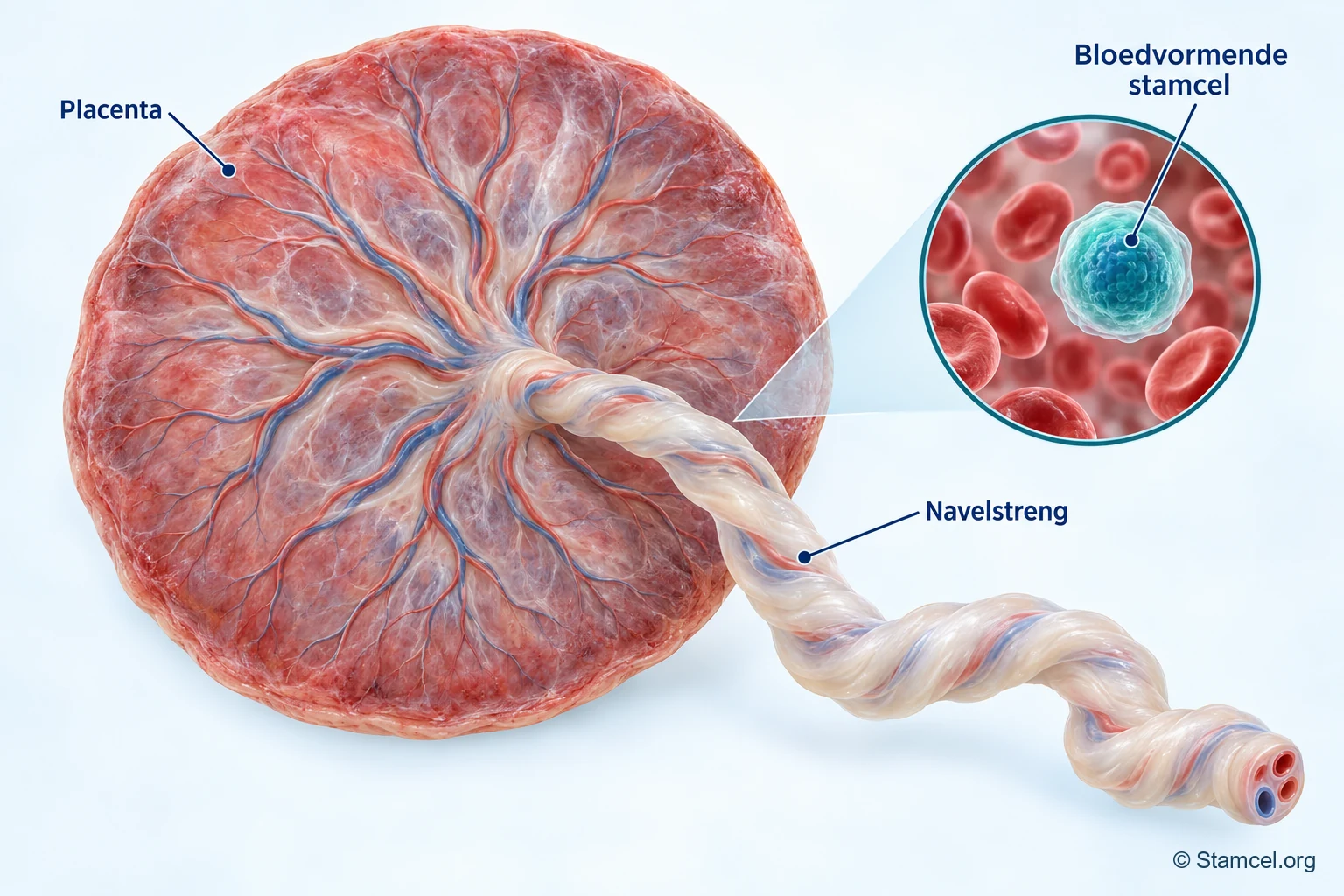 Placenta met navelstreng en een uitvergroting van bloed met een symbolisch weergegeven bloedvormende stamcel.