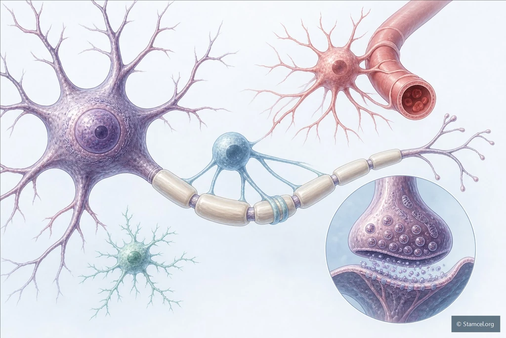 Neuron met myeline, gliacellen en een afzonderlijk uitvergrote synaps