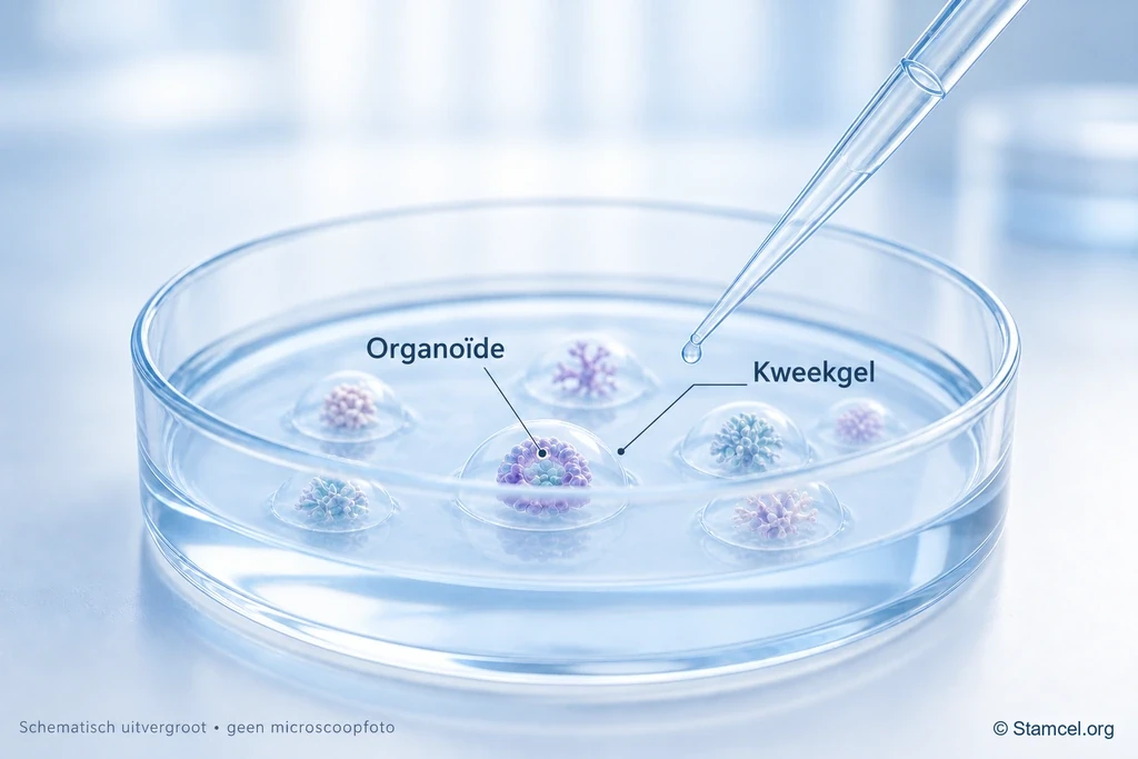 Kweekschaal met organoïden in transparante kweekgel en een pipet; organoïde en kweekgel zijn benoemd.