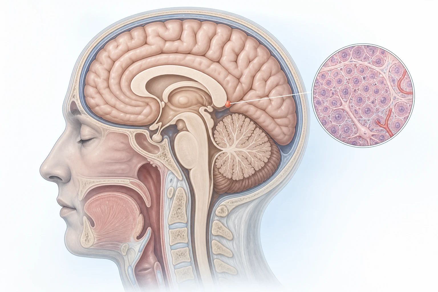 Anatomische illustratie van een doorsnede van het hoofd met de pijnappelklier diep in de hersenen gemarkeerd