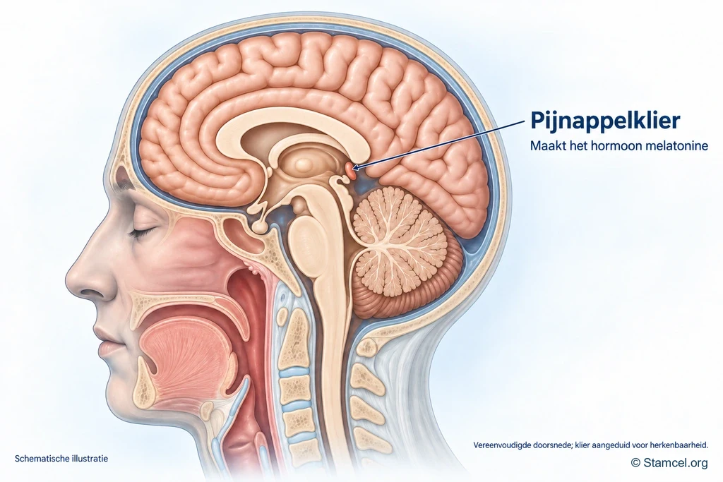 Hersendoorsnede met de pijnappelklier achter de thalamus aangeduid.