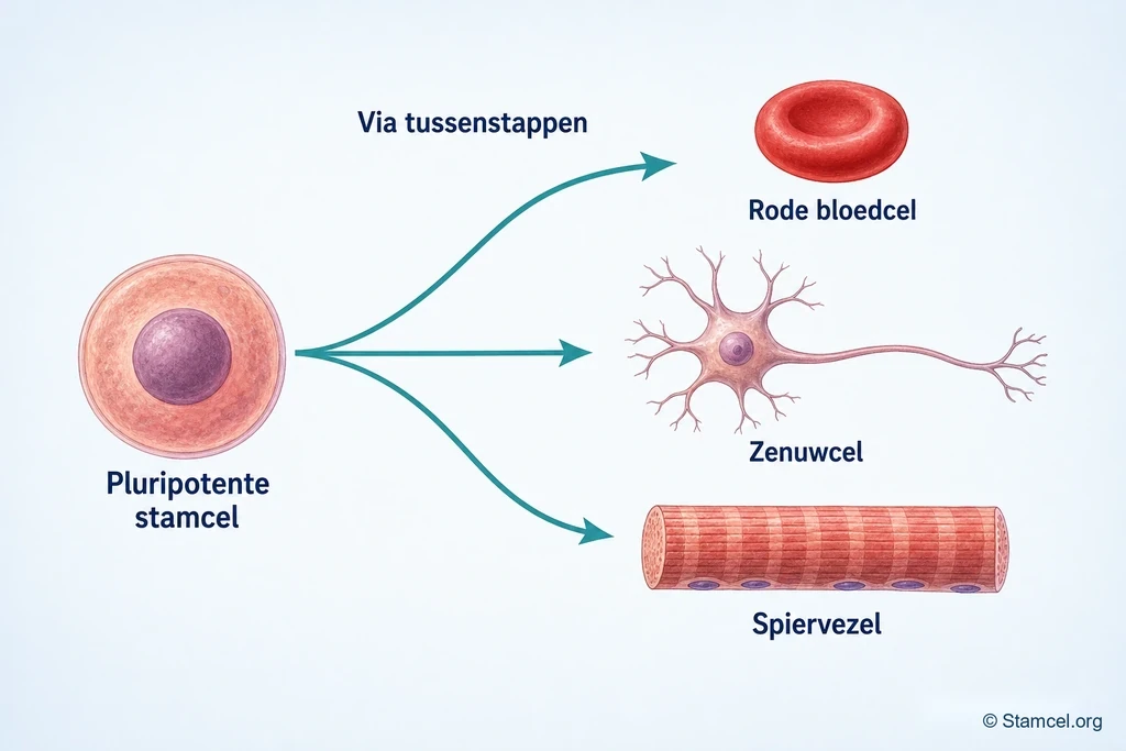 Pluripotente stamcel met drie pijlen via tussenstappen naar een rode bloedcel, zenuwcel en spiervezelsegment