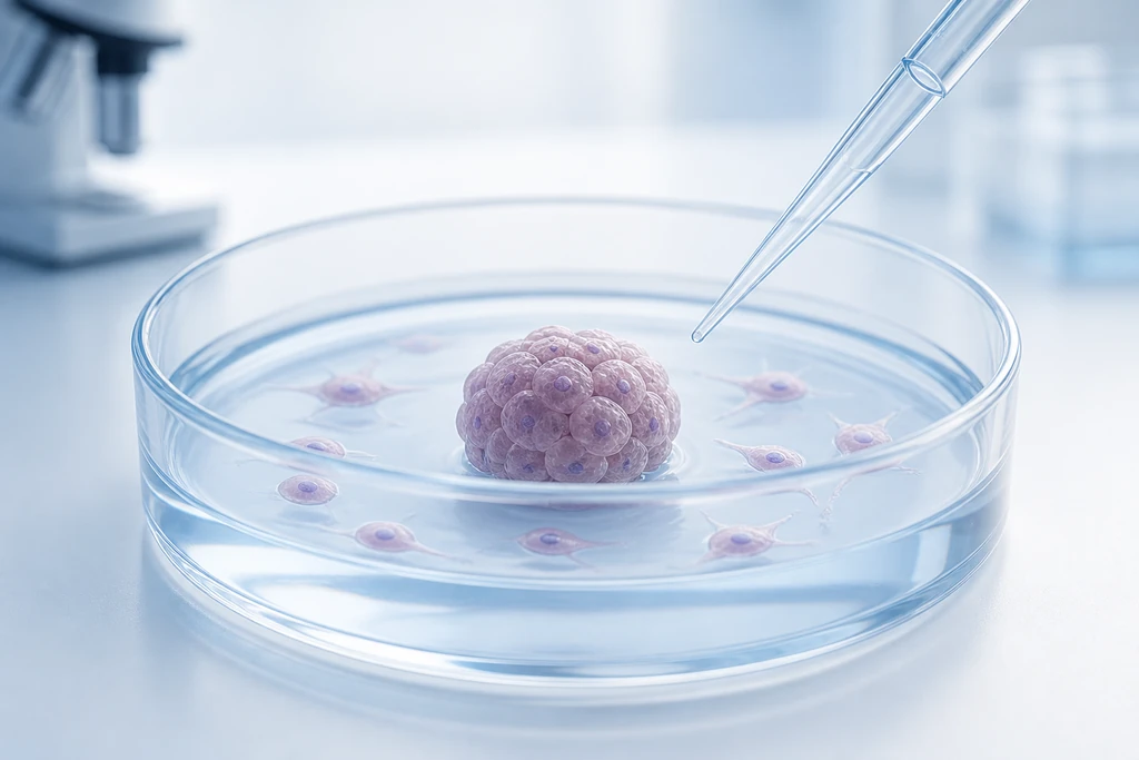 Illustratie van een organoïde en cellen in een kweekschaal bij een pipet
