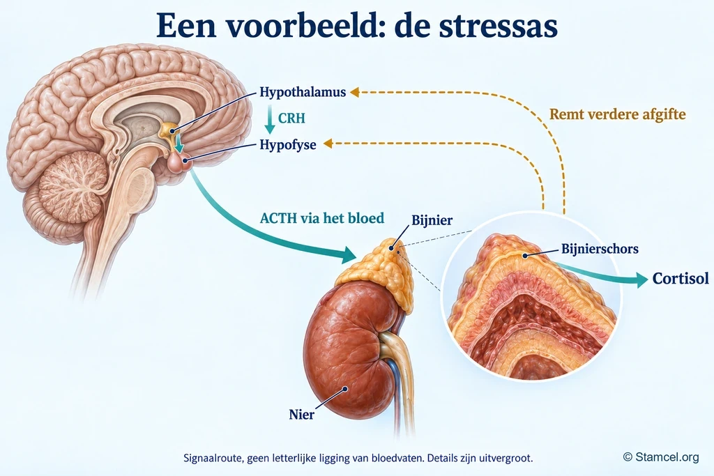 Stressas met hypothalamus, hypofyse, CRH, ACTH, bijnierschors, cortisol en remmende terugkoppeling.
