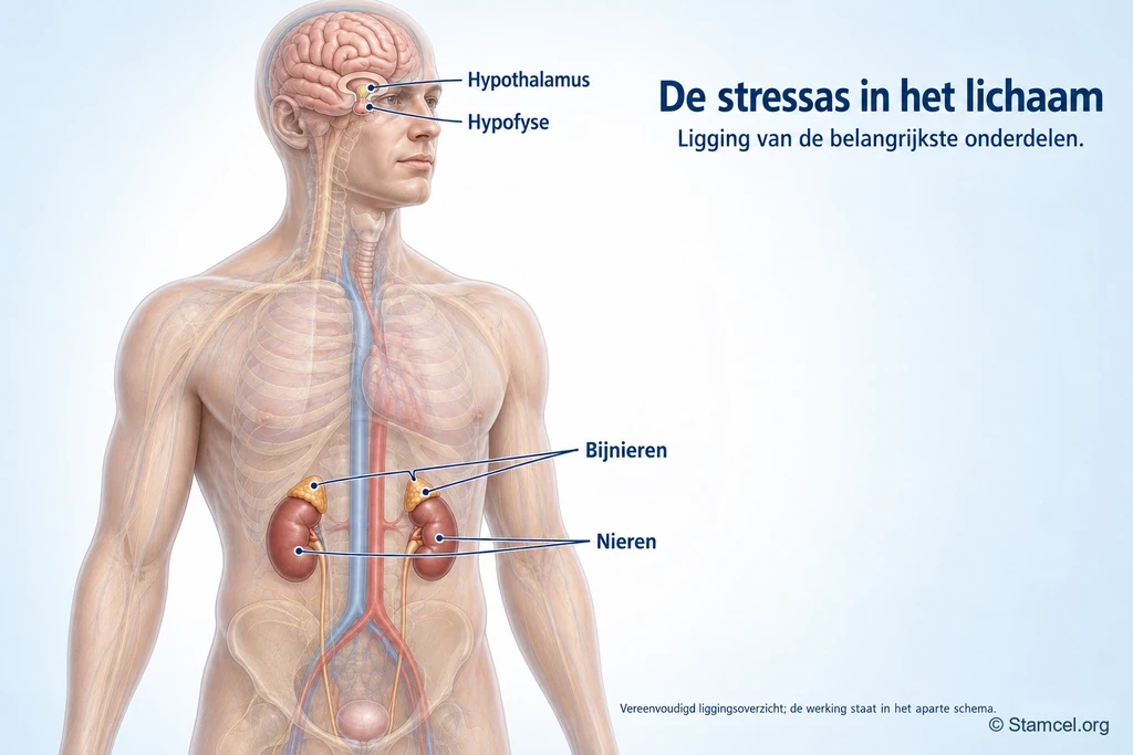 Doorschijnend lichaam met benoemde hypothalamus, hypofyse, bijnieren en nieren.