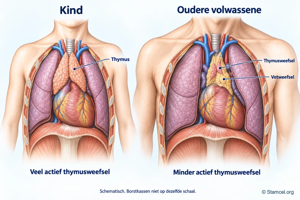 Borstkas van een kind met veel actief thymusweefsel naast die van een oudere volwassene met minder actief thymusweefsel en meer vetweefsel.