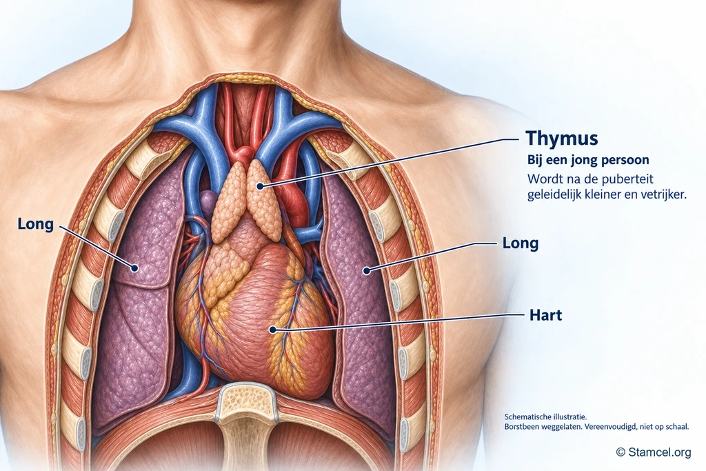 Thymus boven het hart en tussen de longen bij een jong persoon.
