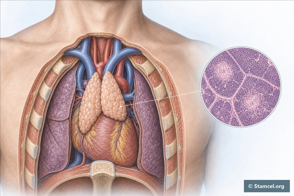 Thymus achter het borstbeen bij een jong persoon, met uitvergrote weefseldetails