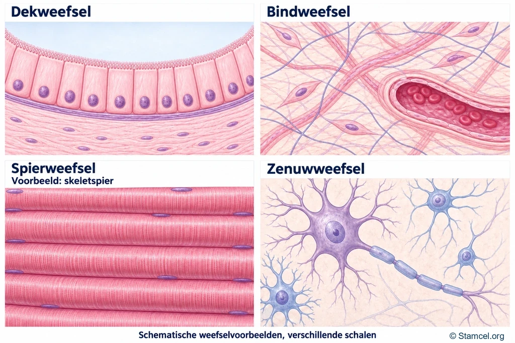 Vier benoemde weefseltypen: dekweefsel, bindweefsel, spierweefsel en zenuwweefsel.