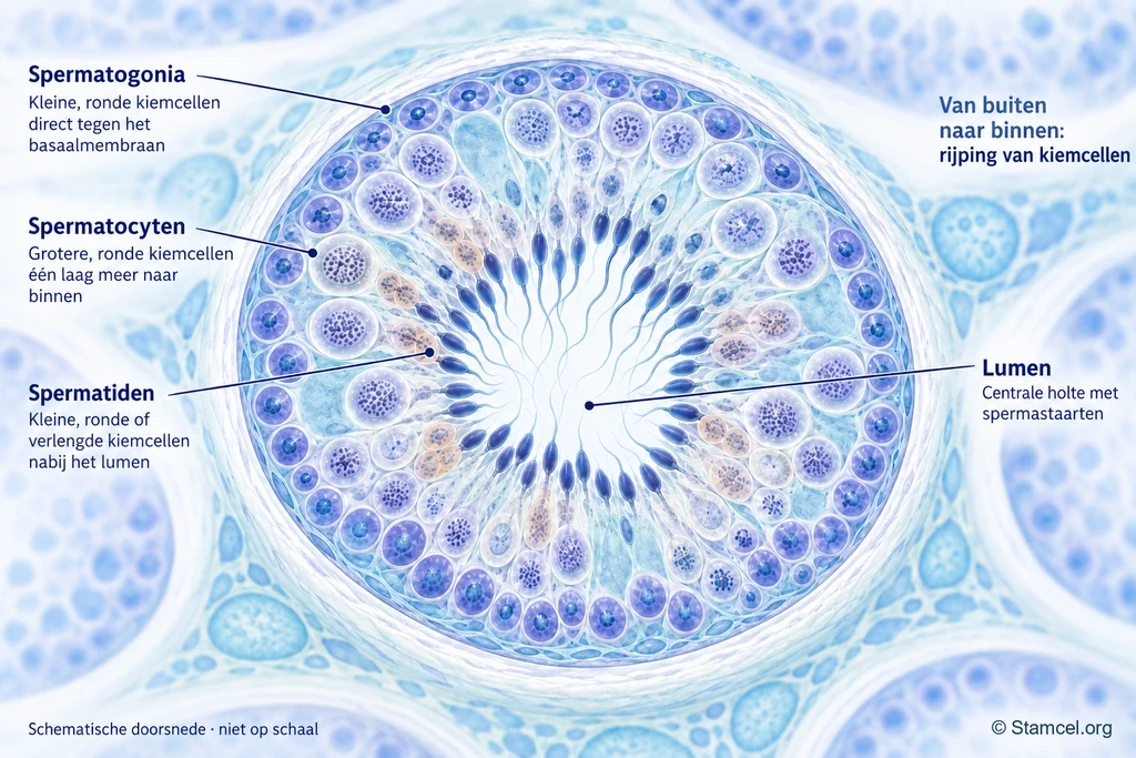 Doorsnede van een zaadbuisje met benoemde spermatogonia, spermatocyten, spermatiden en het centrale lumen.
