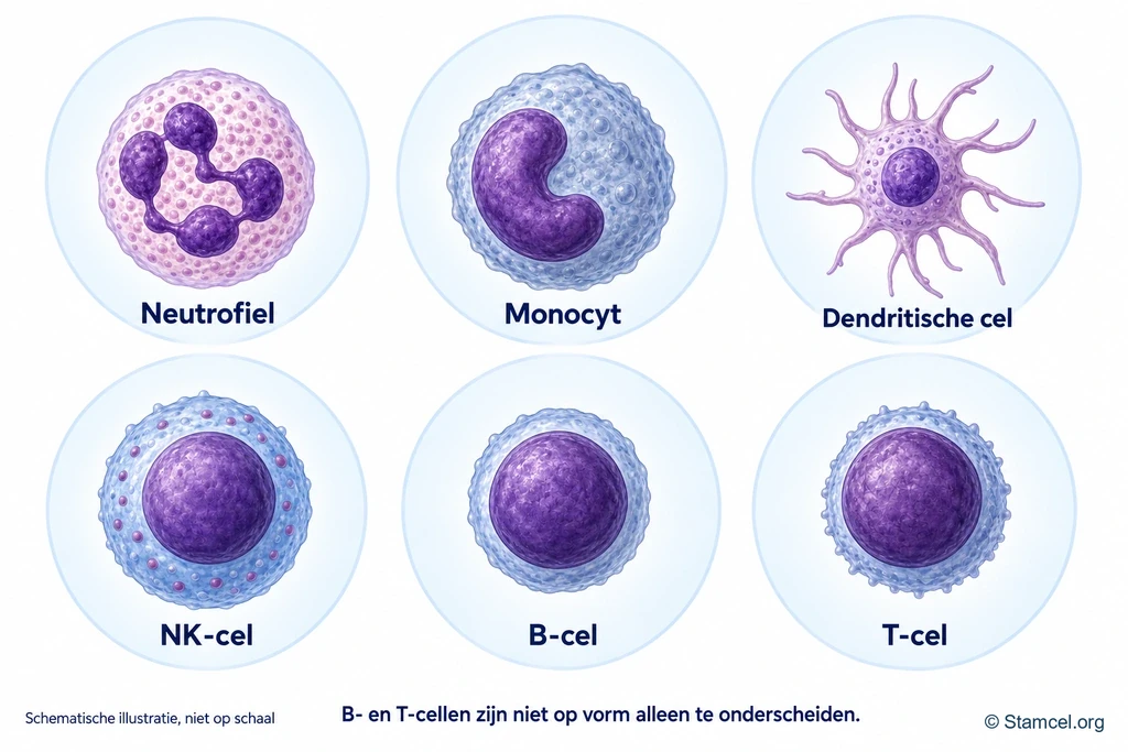 Zes benoemde afweercellen: neutrofiel, monocyt, dendritische cel, NK-cel, B-cel en T-cel.